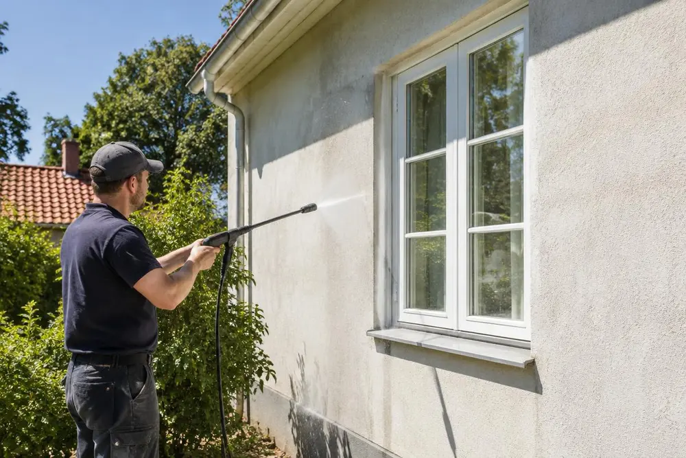 Arbetare tvättar en ljus putsfasad med lågtryck