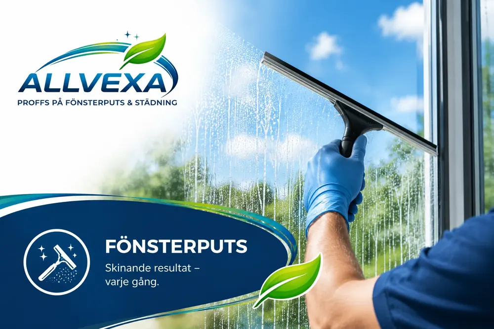 Fönsterputsare från ALLVEXA putsar ett stort fönster med skrapa och skurmopp