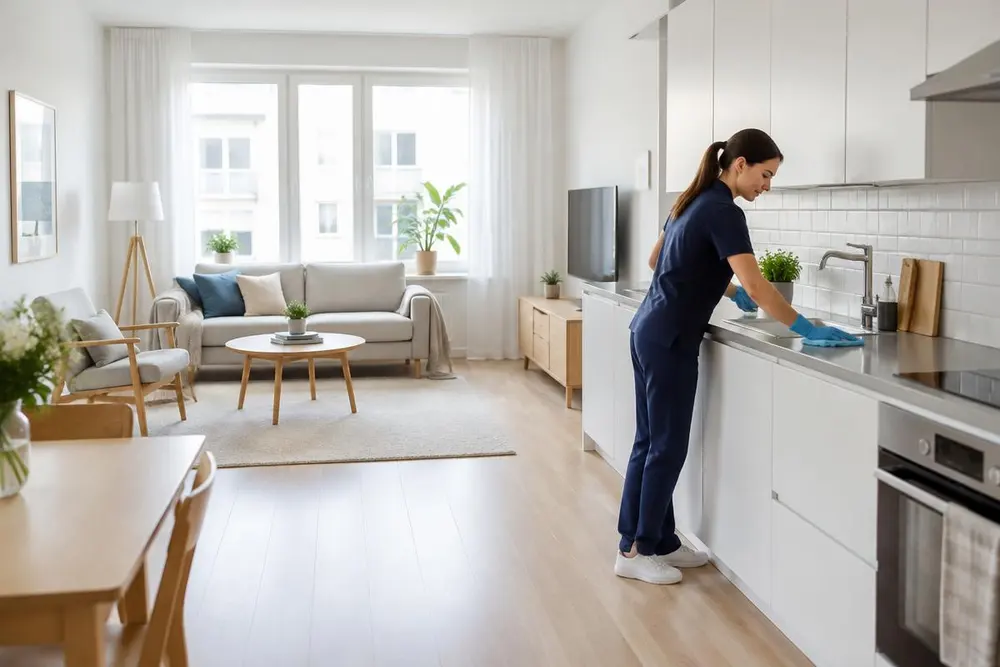 Städare från ALLVEXA torkar av köksbänken i en ljus lägenhet
