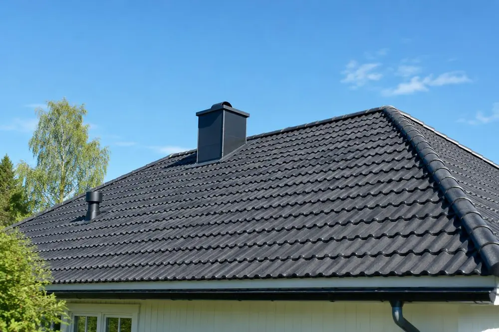 Rent mörkt pannplåtstak på en villa mot blå himmel
